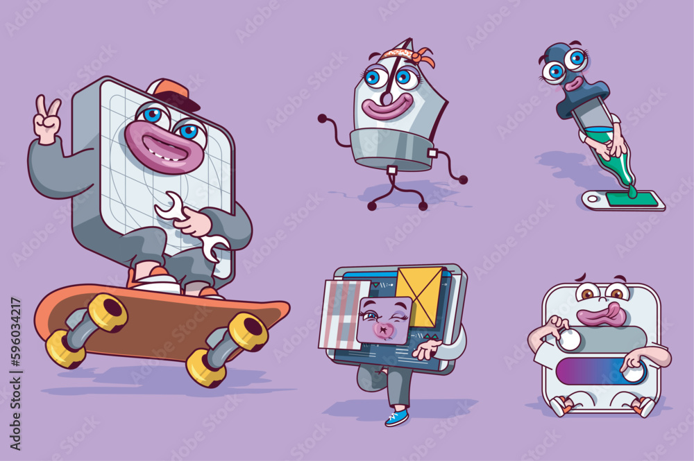 Poster development concept with 3d cute cartoon characters set. funny avatars of tools for illustrator, des