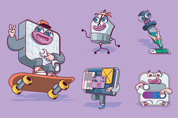 Development concept with 3d cute cartoon characters set. Funny avatars of tools for illustrator, designer, programmer, developer and creative worker. Vector illustration with comic mascots design
