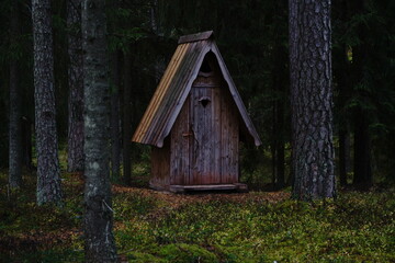 small wooden outdoor toilet in forest behind trees with heart shaped hole
