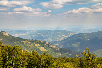 Fototapeta premium Beautiful panoramic view in summer on Monte Cimone near Lake Ninfa. Landscape of the Tuscan-Emilian Apennines of Sestola, province of Modena, Italy