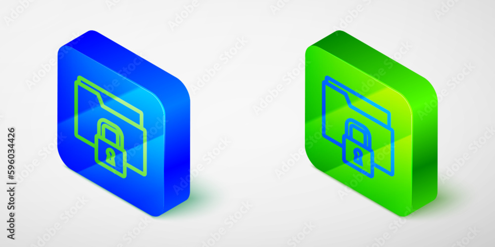 Poster isometric line folder and lock icon isolated on grey background. closed folder and padlock. security