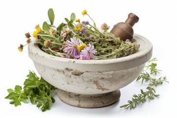 Variety of medicinal plants in a mortar on a white background. Generative AI