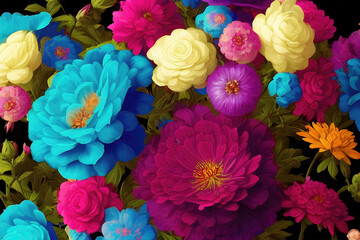 Floral background in retro style, multicolored bouquet of flowers in old style tones illustration. Generative Ai.