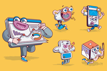 Marketing concept with 3d cute cartoon characters set. Funny avatars of data analysis report, megaphone, networking smartphone, like and promo content. Vector illustration with comic mascots design