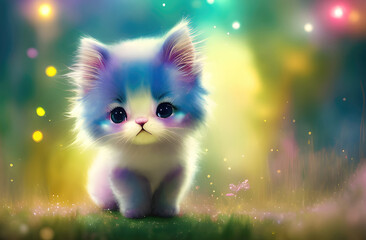 Funny little kitten, sad and cute on a colorful blurred background. Generative Ai.
