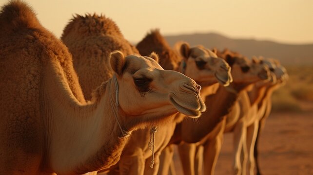 Sahara Desert, close-up camel caravan, Generative AI