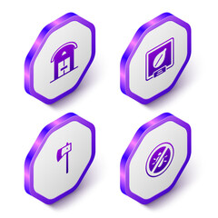 Set Isometric Farm house, Seeds of specific plant, Wooden axe and Stop colorado beetle icon. Purple hexagon button. Vector