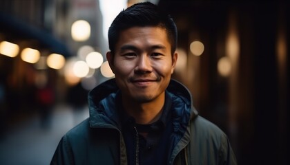 Smiling asian man looking at camera. Generative AI