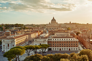 Street in rome. Panorama view. St. Peter's Basilica Vatican in sunset