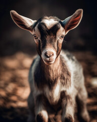 Portrait of a young goat on a brown background. Toned. 