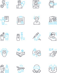 Pathogen treatment linear icons set. Antimicrobial, Sterilization, Disinfection, Antibacterial, Sanitization, Decontamination, Purification line vector and concept signs. Remediation,Inactivation
