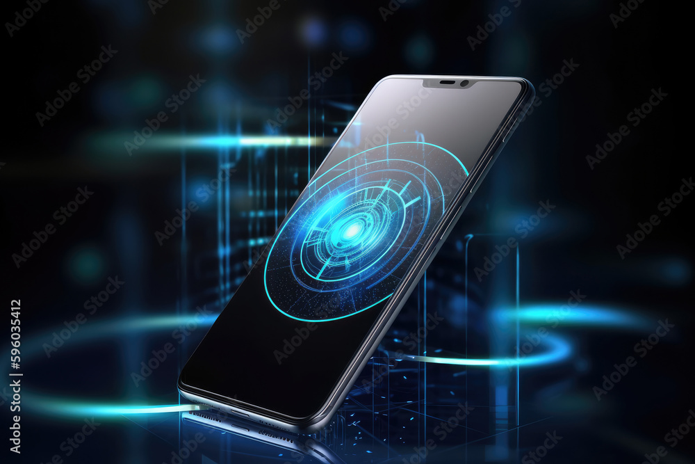 Poster smartphone on technology background. neon glowing mobile phone on abstract dark background. futurist