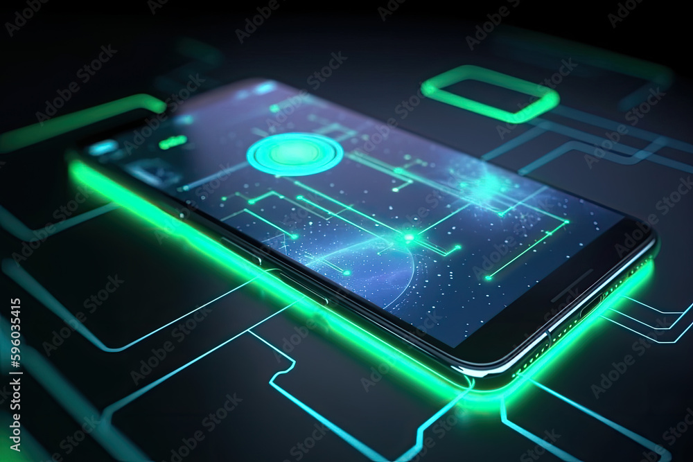 Poster smartphone on technology background. neon glowing mobile phone on abstract dark background. futurist