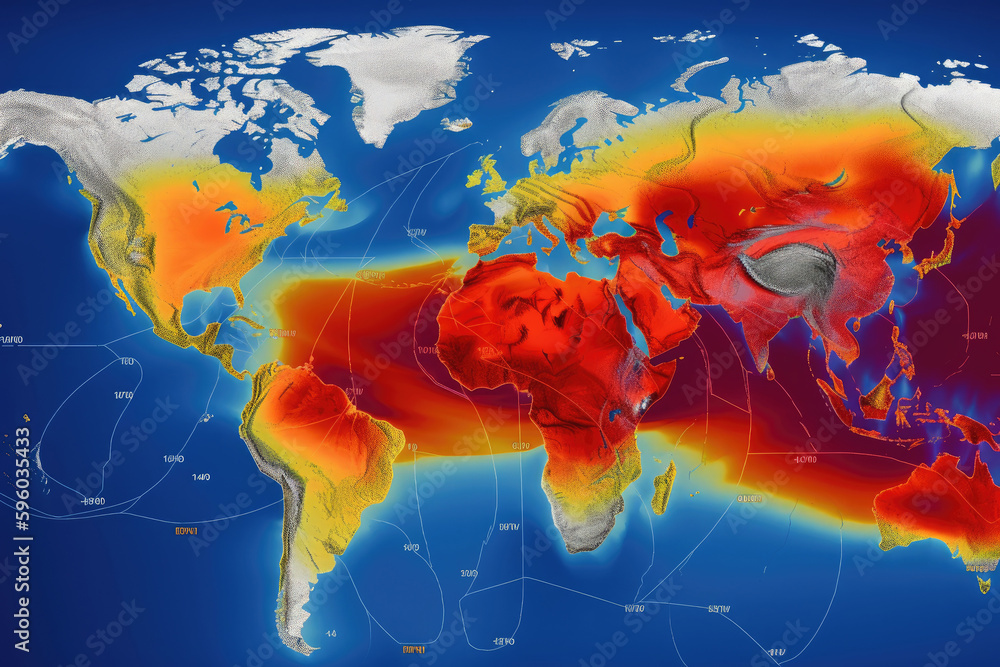 Wall mural world map with weather forecast app. weather prediction data on monitor screen. concept of meteorolo