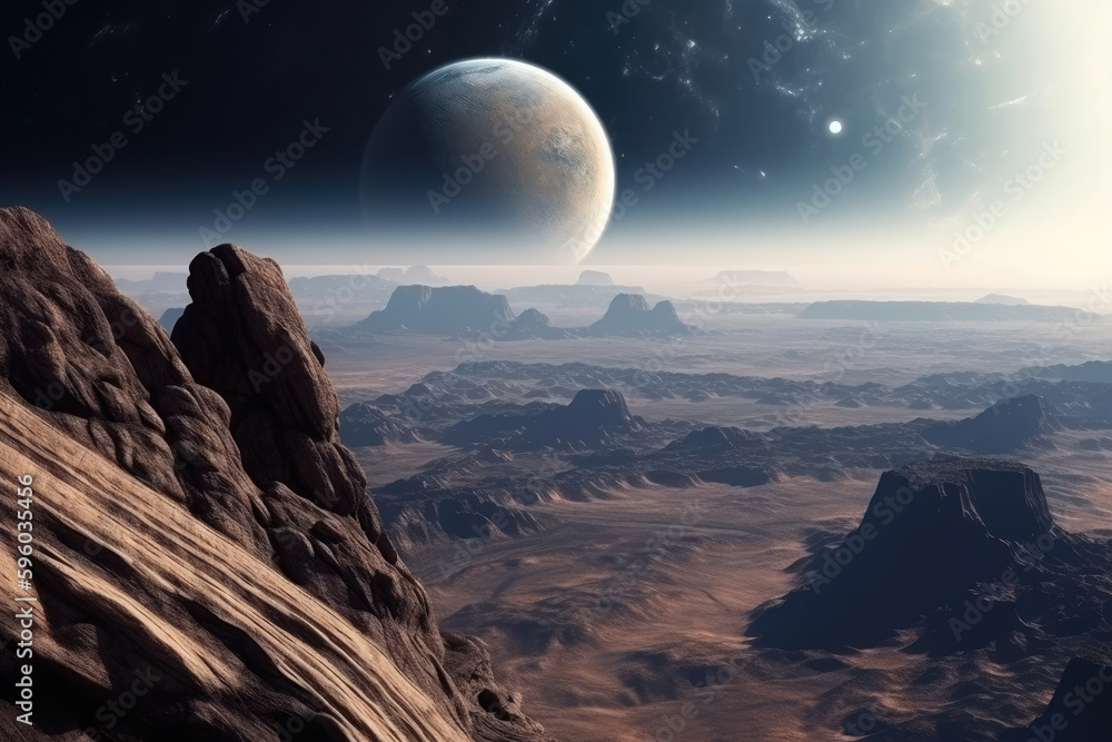 Poster surface of unknown planet with craters and mountains. rising star in sky against of lifeless planet 