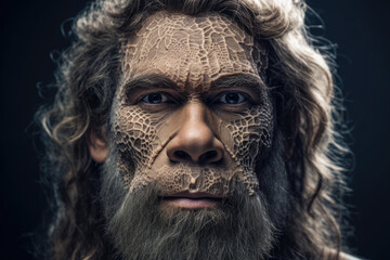 Portrait of prehistoric man on dark background. Face of Neanderthal caveman with beard. Ancestor of mankind. Created with Generative AI