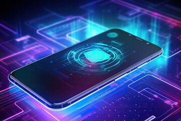 Smartphone on technology background. Neon glowing mobile phone on abstract dark background. Futuristic network connection. Created with Generative AI