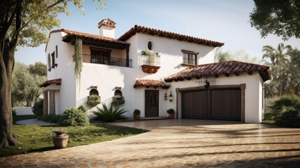 Spanish exterior house design in daytime golden hour generative ai