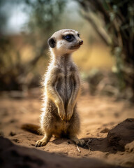 Fototapeta premium Meerkat standing on the sand in a desert 