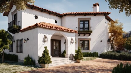 Fototapeta na wymiar Spanish exterior house design in daytime golden hour generative ai