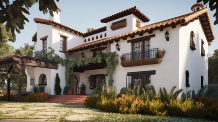 Obraz premium Spanish exterior house design in daytime golden hour generative ai