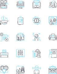 Web-based Training linear icons set. E-Learning, Online education, Distance learning, Virtual classroom, Interactive, Simulations, Collaboration line vector and concept signs. Multimedia,Gamification