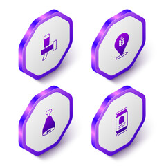 Set Isometric Beer tap, Wheat, Chicken leg and can icon. Purple hexagon button. Vector