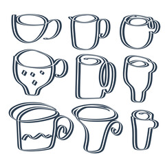 A set of doodle-style cups isolated on a white background.