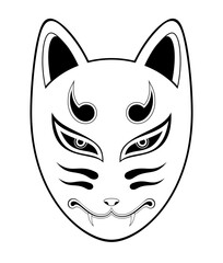 Fototapeta na wymiar Kitsune fox mask vector illustration, isolated on white background. Japanese traditional mask. Traditional japanese demon. Tattoo print. Black and white illustration.