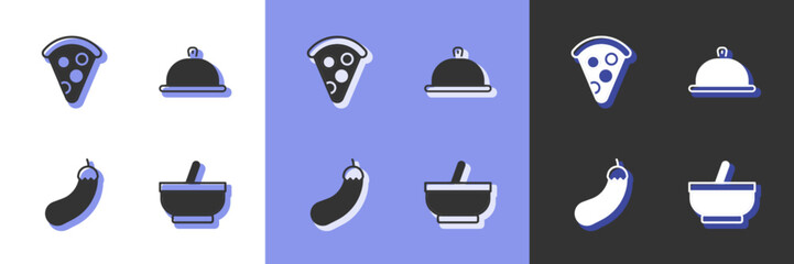 Set Mortar and pestle, Slice of pizza, Eggplant and Covered with tray food icon. Vector