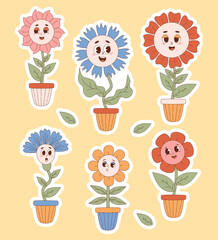 Groovy flower power hippie 70s. Funny retro trippy cartoon flowers in pots. Isolated vector illustrations. Collection cute stickers plants pack in trendy nostalgic cartoon style.
