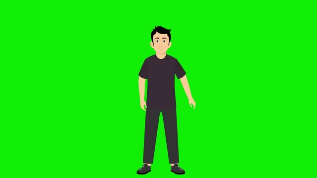 young cartoon man talking and great idea light bulb pop up animation 4k screen green