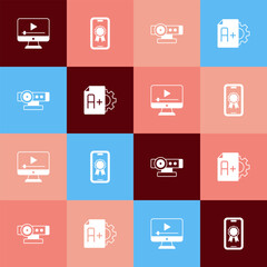 Set pop art Online play video, education with diploma, Web camera and Exam sheet A plus grade icon. Vector