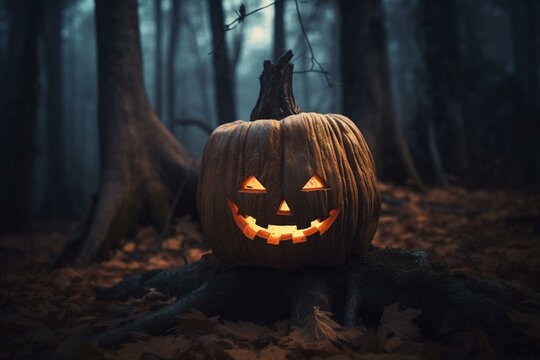 Spooky Jack-o-lantern Atop Tree Stump In Eerie Woods. Generative AI