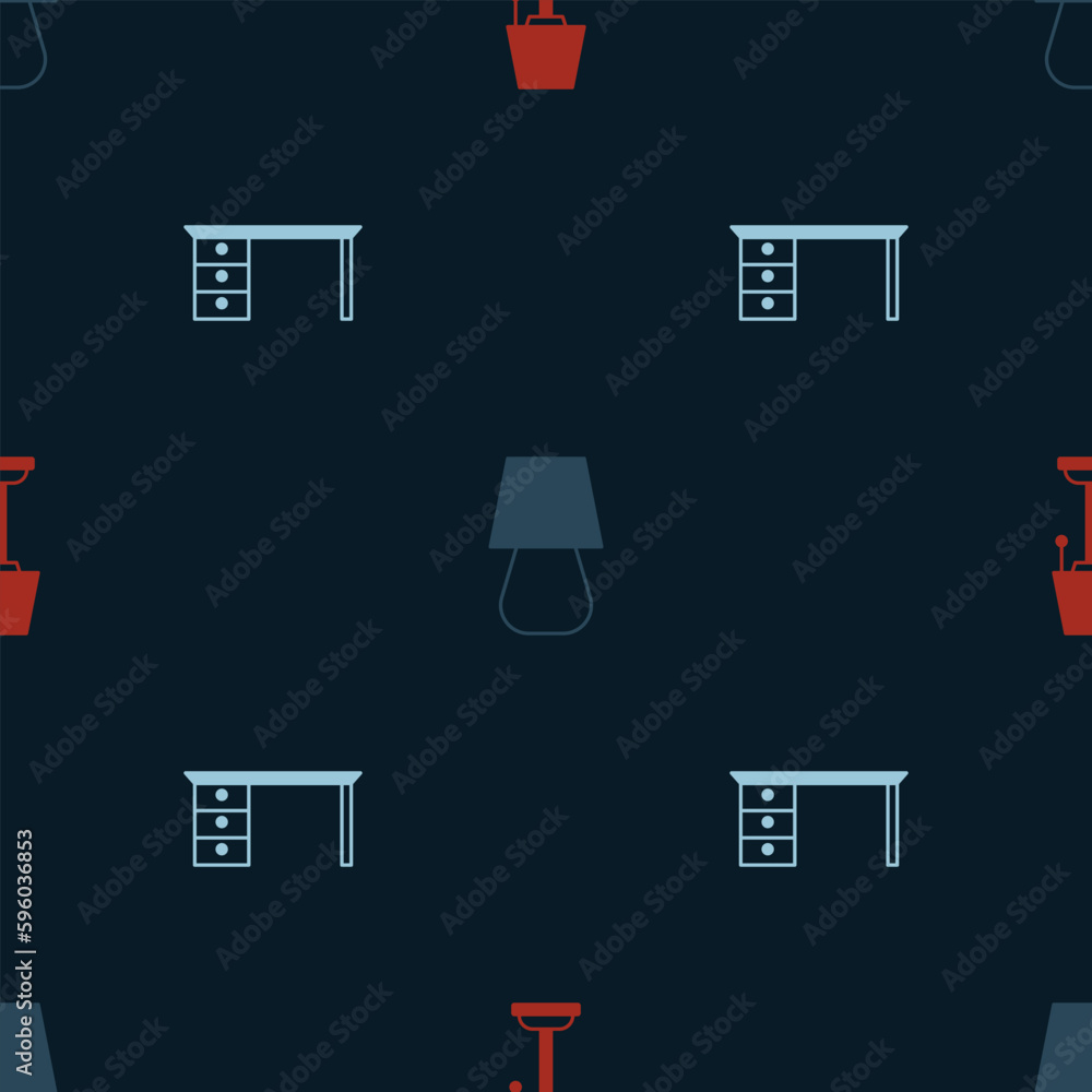 Poster set floor lamp, table and office desk on seamless pattern. vector