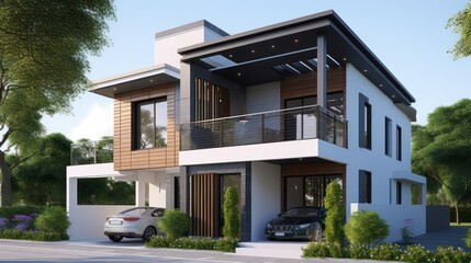 Split level exterior house design in daytime golden hour generative ai