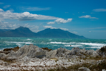 Spectacular coastal landscapes in Kaikoura on the east coast of the South Island of New Zealand. The rocky shores was created by an earthquake uplift in 2016