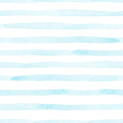 Fototapeta premium Watercolor striped horizontal line pattern. Seamless texture. Blue hand-drawn lines