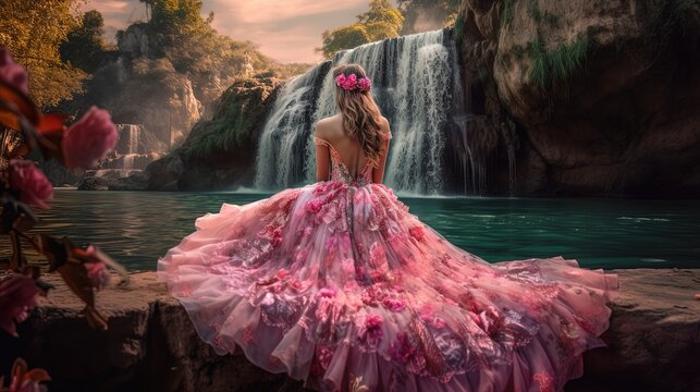 beautiful woman wearing pink bridal gawn standing at waterfall at middle forest, Generative Ai