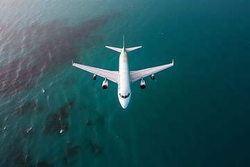 Fototapeta premium Top View Close Up of Airplane Flying over the Sea