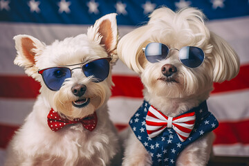 Cute doggies wear festive clothes in american flag colors. Independence Day or flag day. Generative AI illustration