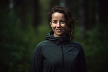 Portrait of a beautiful young woman in a black jacket in the forest