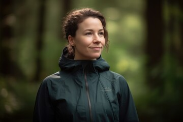 Portrait of a beautiful young woman in a raincoat in the forest