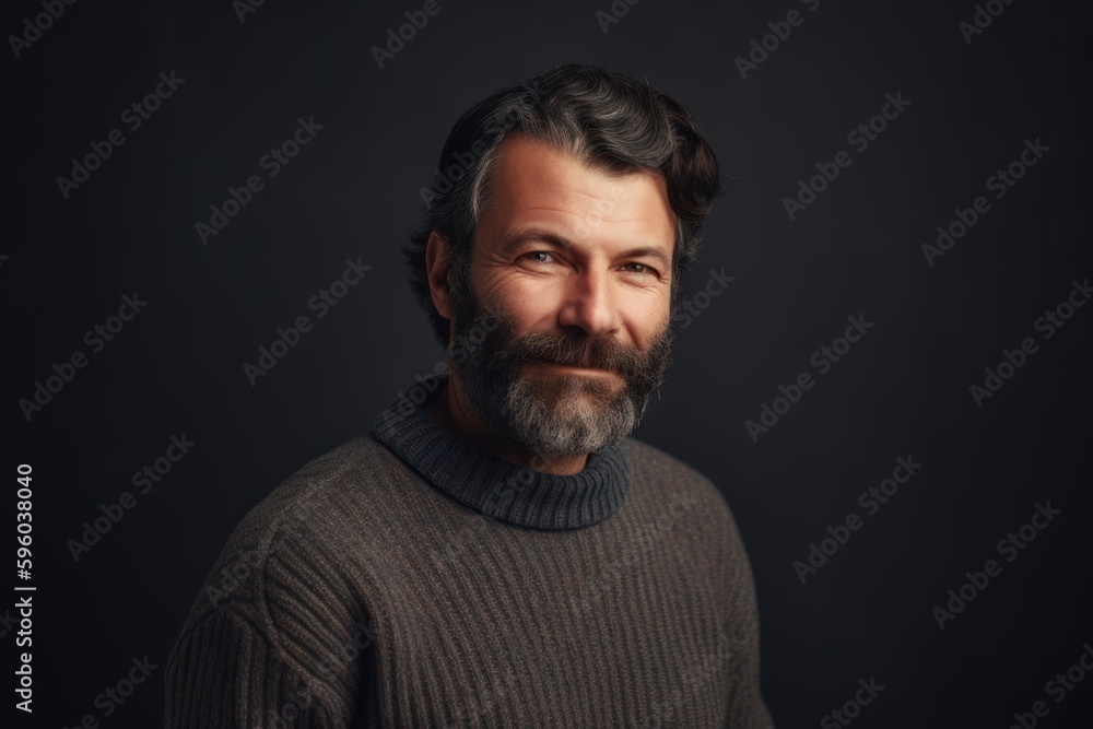 Wall mural Portrait of a bearded man in a sweater on a dark background