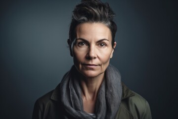 Portrait of a sad middle-aged woman with gray scarf.