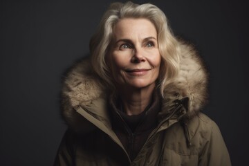 Portrait of a beautiful senior woman in a winter jacket on a dark background