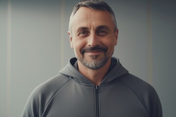 Handsome middle-aged man in sportswear is looking at camera and smiling while standing indoors