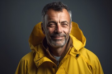 Obraz premium Portrait of a middle-aged man in a yellow raincoat.