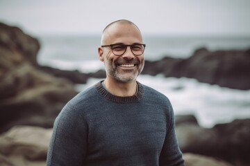 Lifestyle portrait photography of a grinning man in his 40s wearing a cozy sweater against a beach background. Generative AI