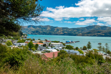 The resort town of Akaroe (Port Louis-Philippe) on Banks Peninsula in the Canterbury Region of the...